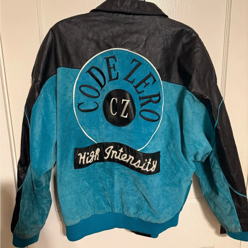 CODE ZERO 'High Intensity' Blue & Black Leather Bomber Jacket